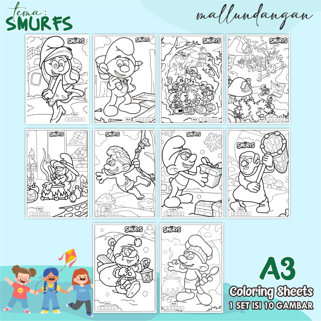 

LEMBARAN MEWARNAI ANAK A3 - TEMA SMURFS - PAPER COLORING SHEETS FOR KIDS