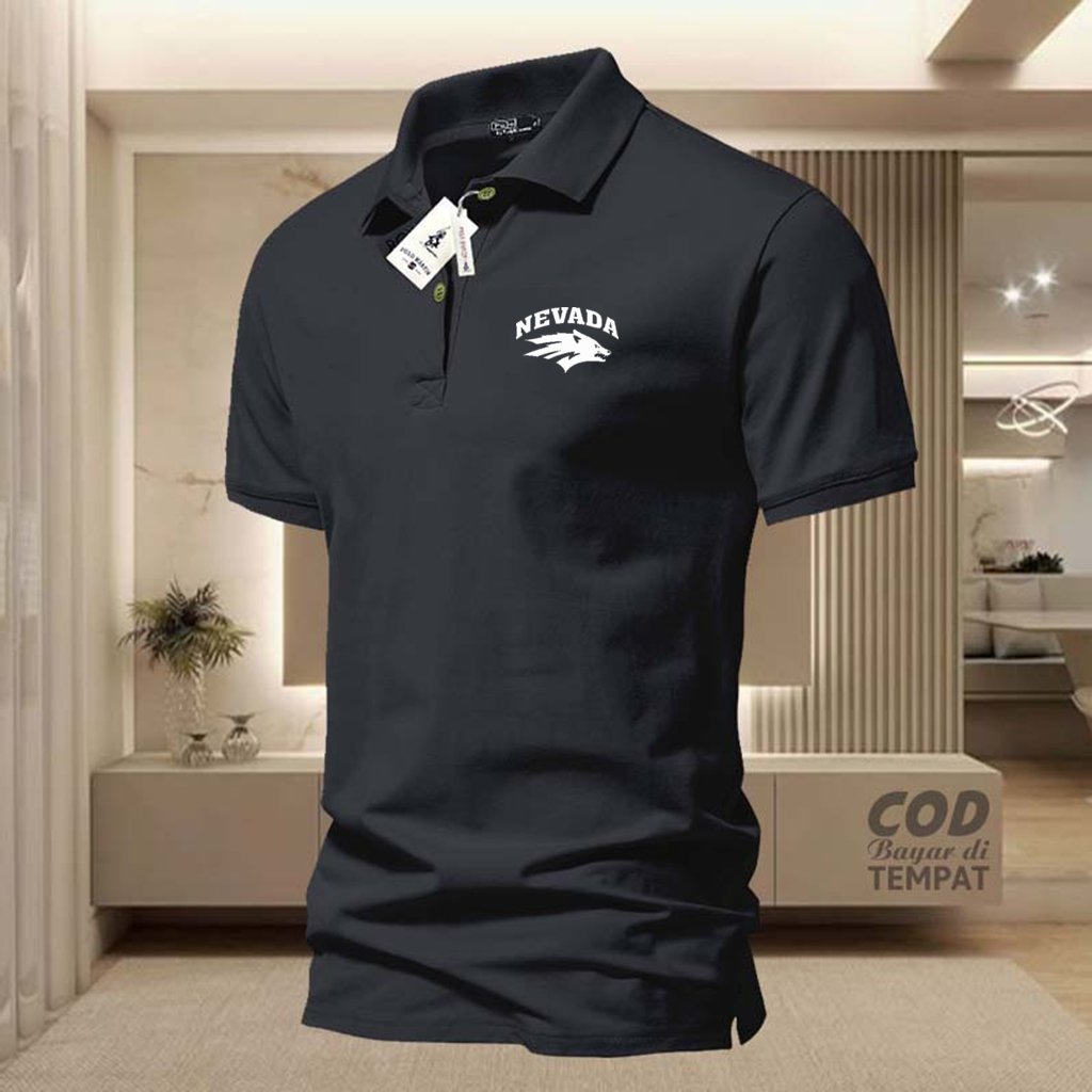 COD T-shrit POLO Kerah Nevada Text Putih Kaos Kerah Dewasa Shirt / Kaos Wangki Pria Polo / Kaos Sera