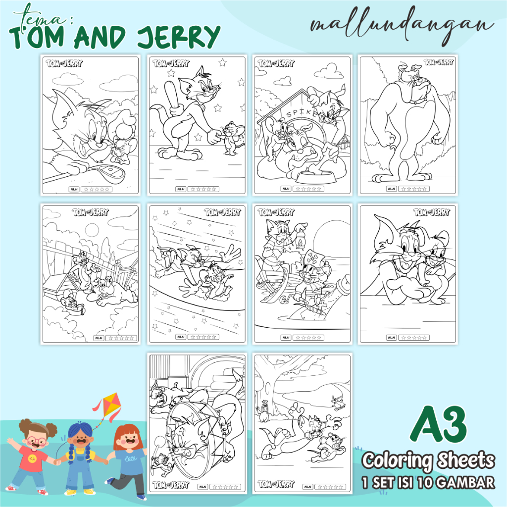 

LEMBARAN MEWARNAI ANAK A3 - TEMA TOM AND JERRY - PAPER COLORING SHEETS FOR KIDS