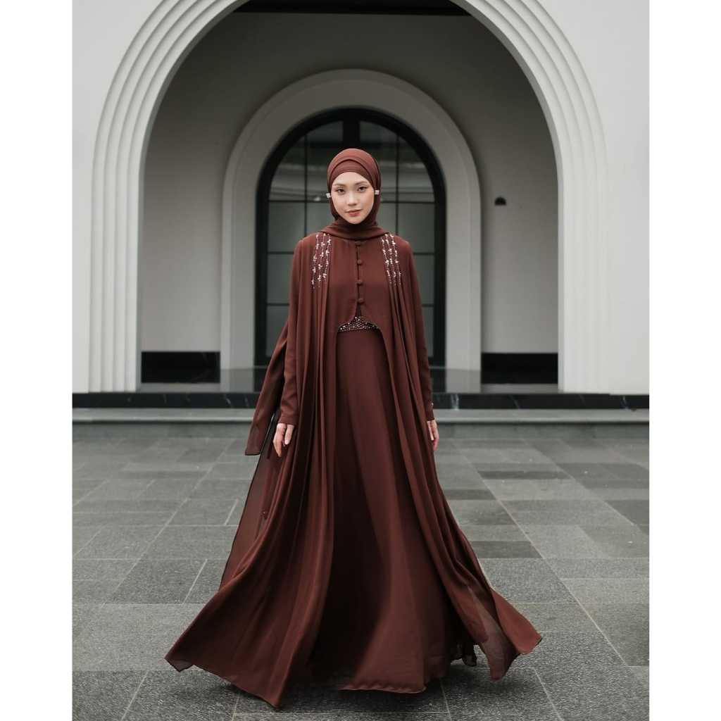 Baju Gamis Swarovski Payet Outher Terpisah / Gamis Viral Warna Mahogany Hanin Set Dress Mewah Elegan