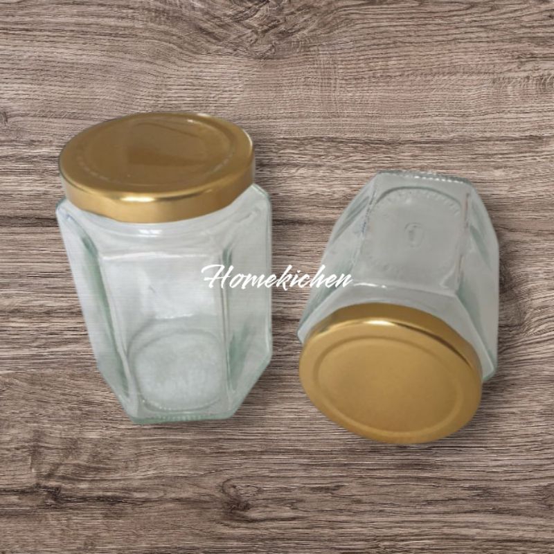 Toples Hexagonal Segi Enam 280ML Tutup Putar Kedap Kuning Emas Toples Beling Kaca Kecil Mini Bumbu D