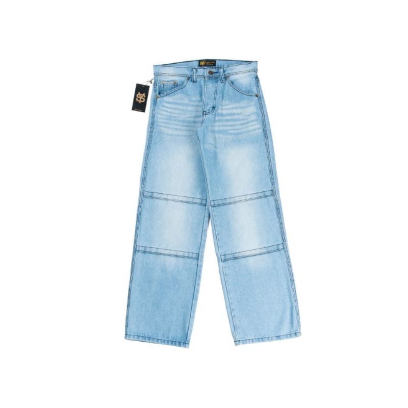 YSPANTS - CELANA BAGGY JEANS WIDE LEG BIOWASH WHISKER STRIP Panjang Biru langit /Bluesky