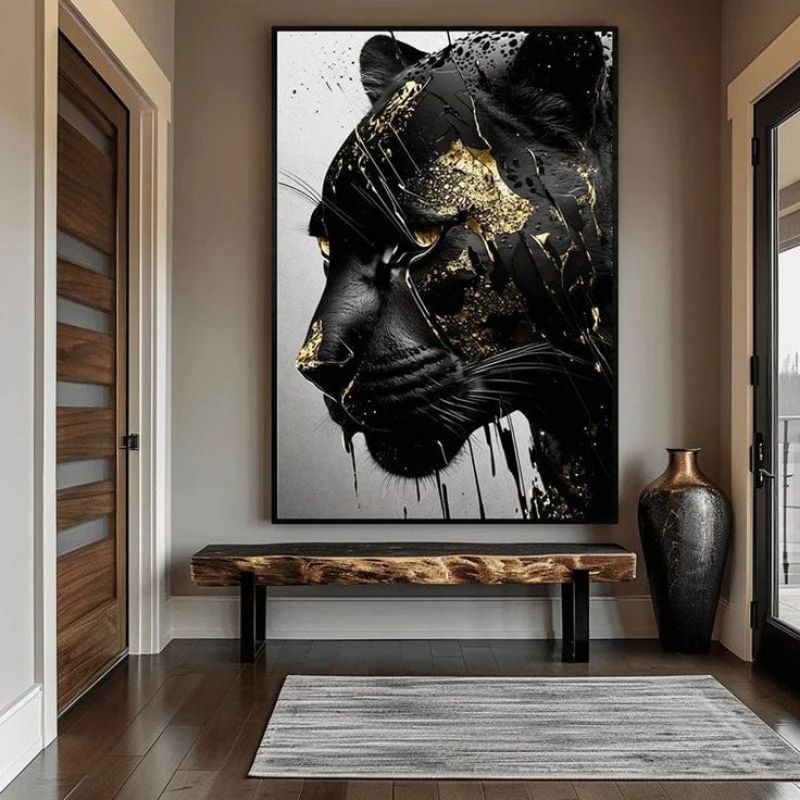 Lukisan Macan Kumbang Gold  Modern Art Aesthetic Hiasan Ruang Tamu