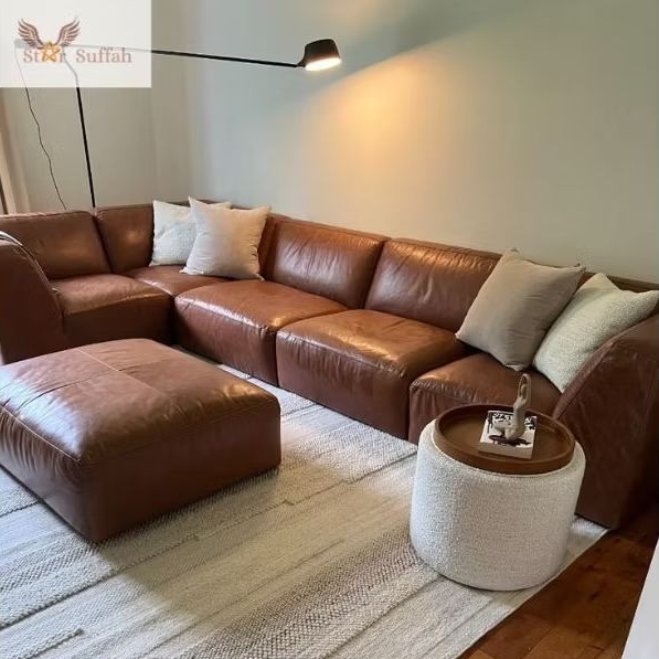 Sofa set sudut tamu bentuk L kursi jati bahan kulit klasik