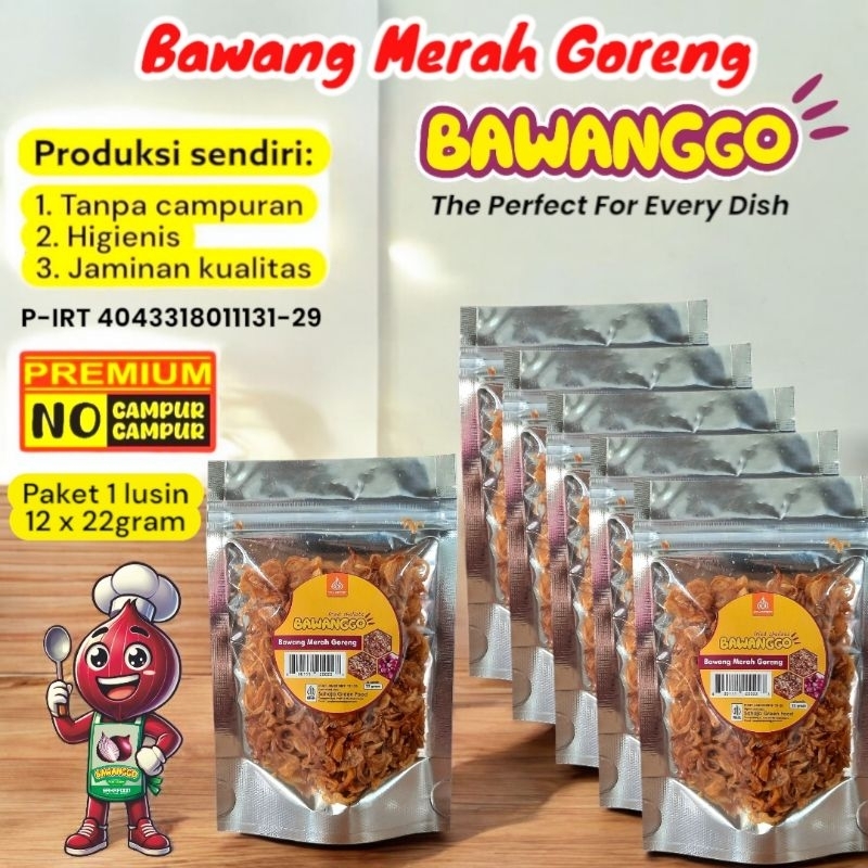 

BawangGo paket 12x22gram Bawang Merah Goreng Asli Kriuk Original Premium SAHAFOOD Tanpa Campuran