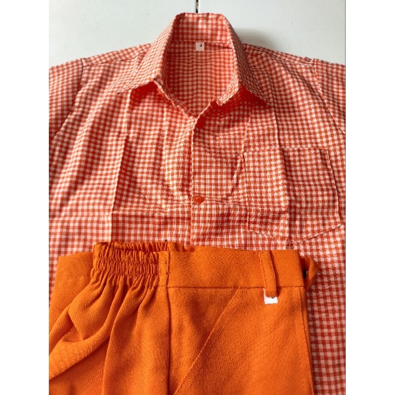 SETELAN KOTAK ORANGE SERAGAM SEKOLAH ANAK SD PAUD KB TK LENGAN PENDEK/PANJANG (CUSTOM SIZE CHAT ADMI