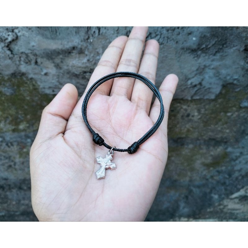 G187 GELANG SALIB TITANIUM TALI KOREA HITAM