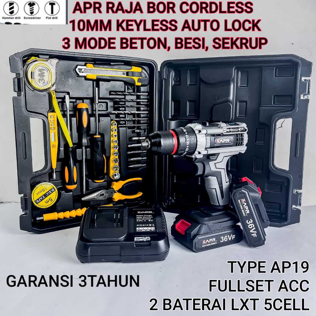 APR AP19 PROMO bor baterai cordles drill impact 10mm keyless chuck auto lock beton besi kayu dll