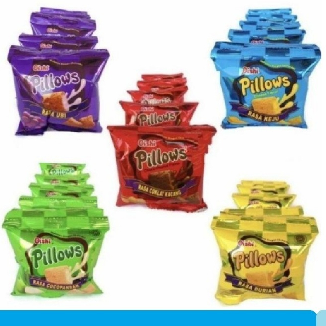 

Oishi Pillows Cokelat/Cokelat Kacang/Cocopandan/Keju/Durian/Ubi ISI 20PCS