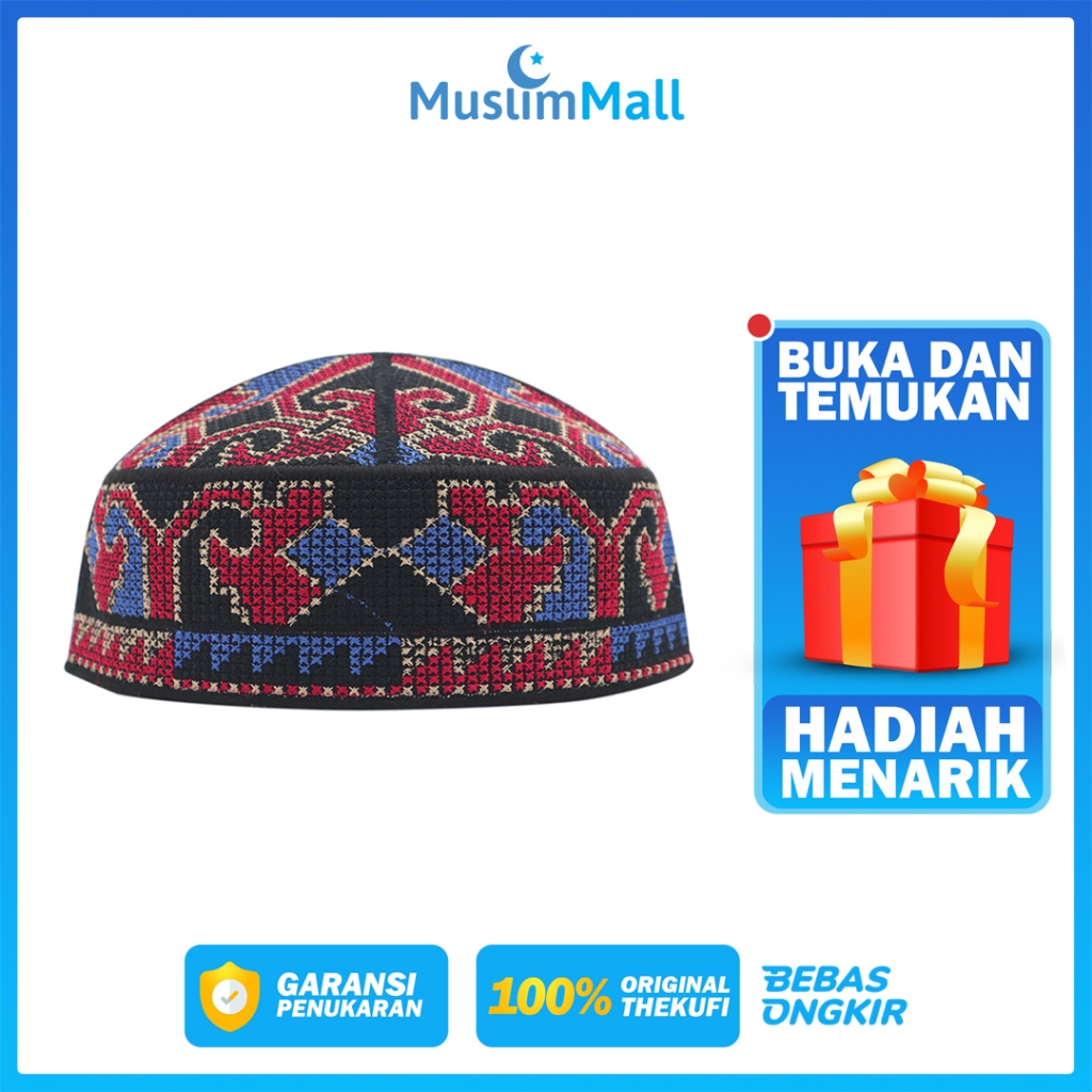 Peci Pakistan Hitam Strimin Kopiah Motif Etnik Uzbek Merah Biru - The Kufi
