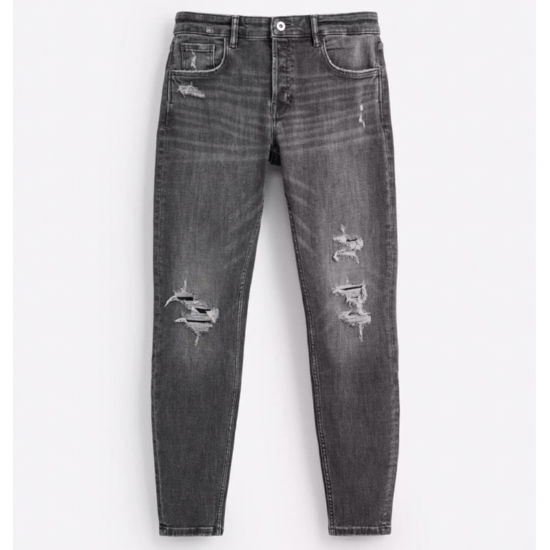 ZARA Men Ripped Skinny Fit Jeans Celana Panjang Denim Pria Grey