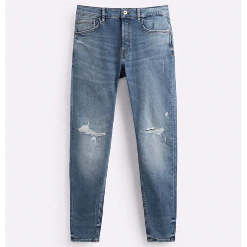 ZARA Men Ripped Skinny Fit Jeans Celana Panjang Denim Pria Blue