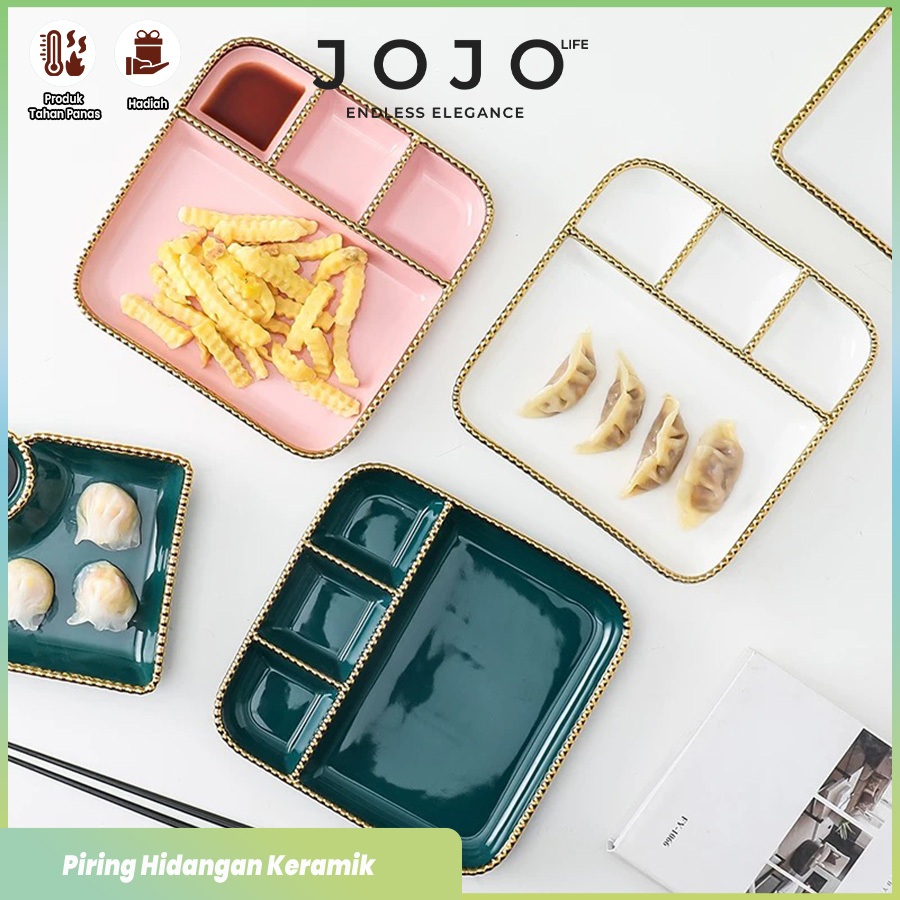 JOJO LIFE Piring Saji Keramik Empat Sekat List Gold / Piring Snack Kotak Sekat 4 Elegant Mewah