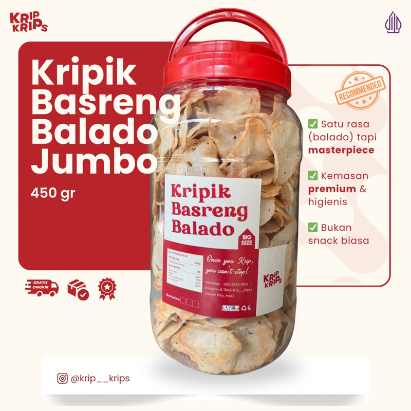 

Keripik Basreng Balado Premium 450 Gram Kemasan Toples Jumbo - Krip Krips