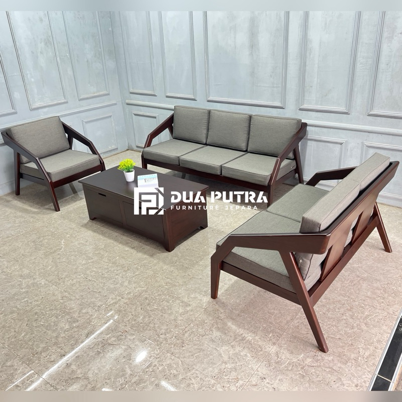 Kursi sofa tamu minimalis modern kayu jati formasi 321 meja