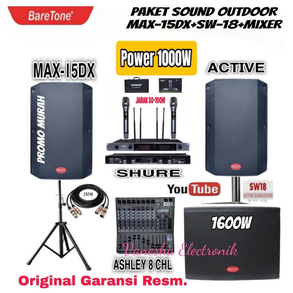 Paket Sound System Speaker Aktif 15 Inch Baretone MAX15DX RMS 1000Watt Original+Subwoofer Baretone S