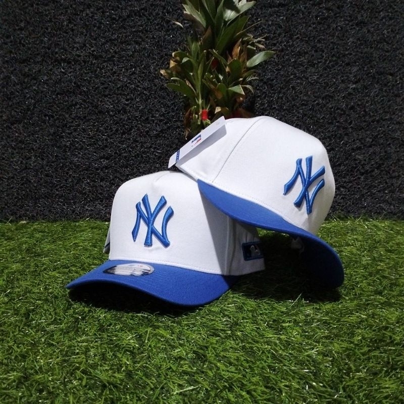 Topi Baseball NY Biru Bahan Putih Visor Biru Topi Premium High Quality
