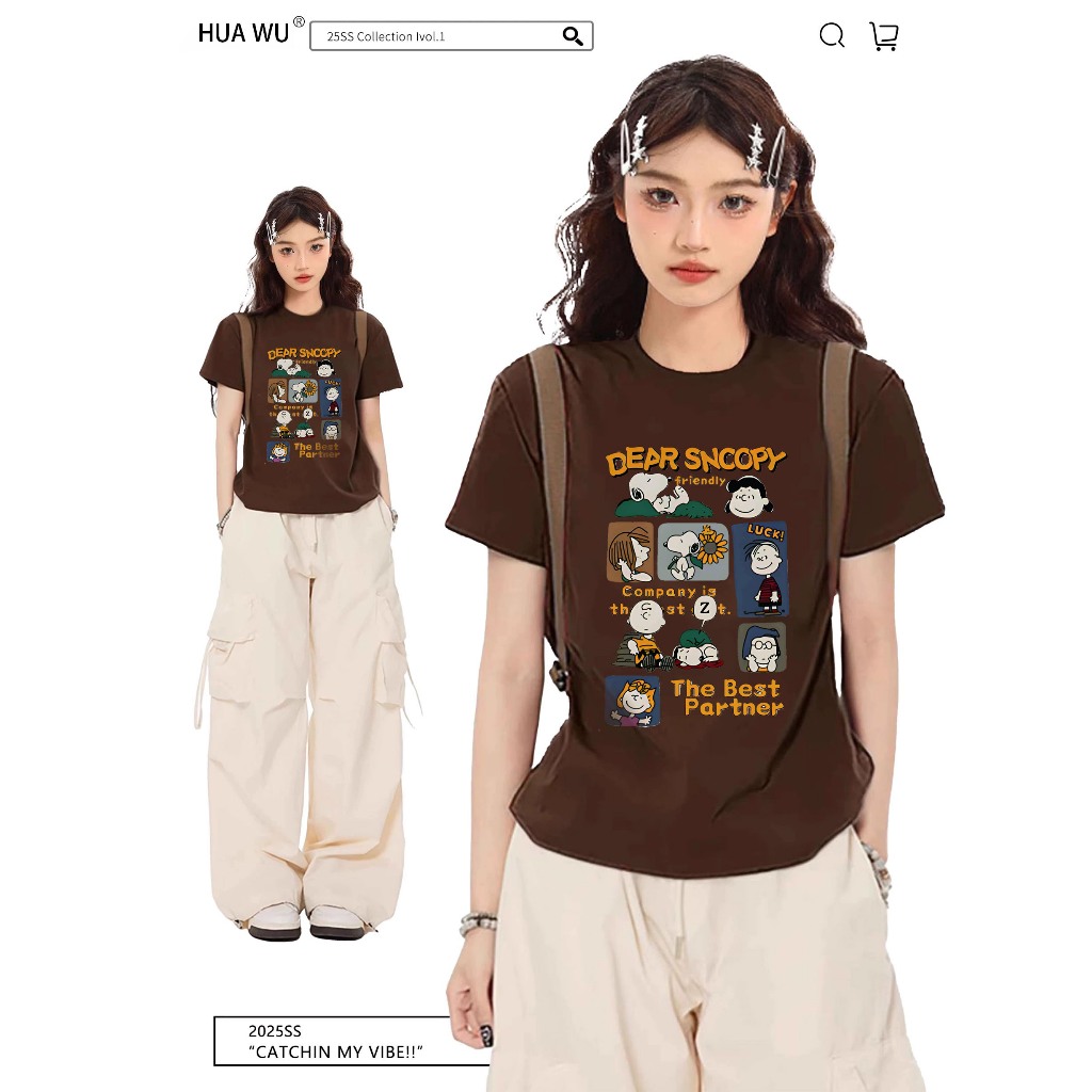 Atasan kemeja pendek coklat wanita kaos kartun Korea