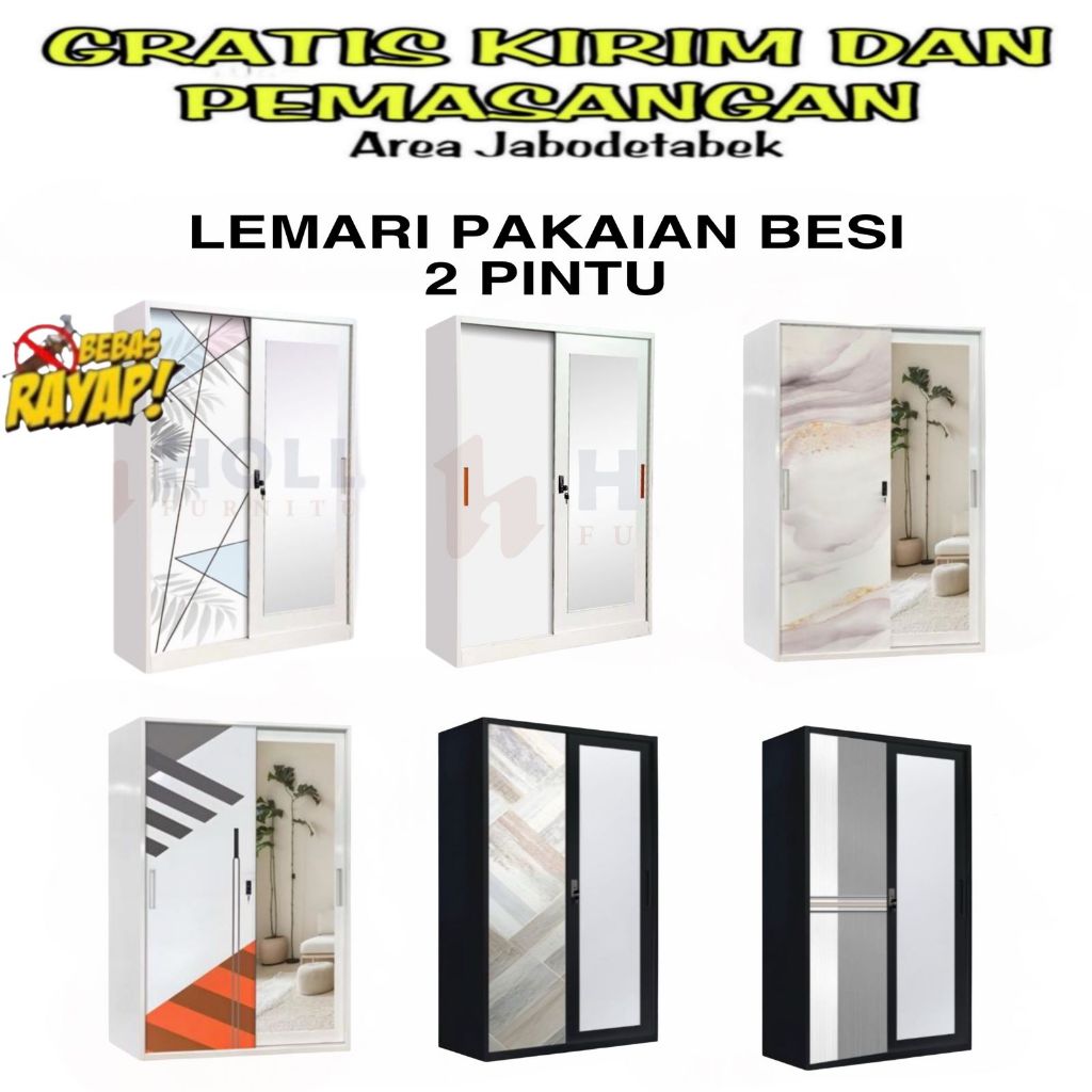 (Free Kirim & Rakit) Lemari Pakaian Besi 2 Pintu Sliding Lemari Baju Besi Steel Minimalis