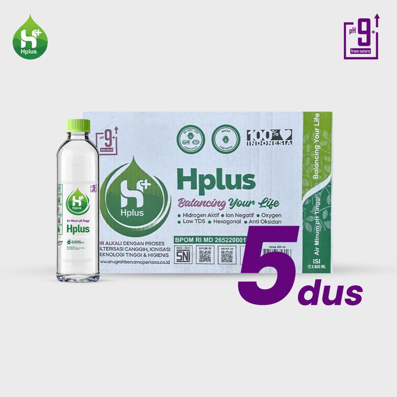 Hplus Alkaline Water pH 9+ : 600ml - Paket Bundling 5 Dus