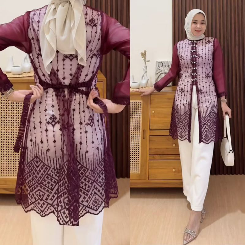 asshofa.hadju tunik brokat bordir/tali kancing/Payet mutiara