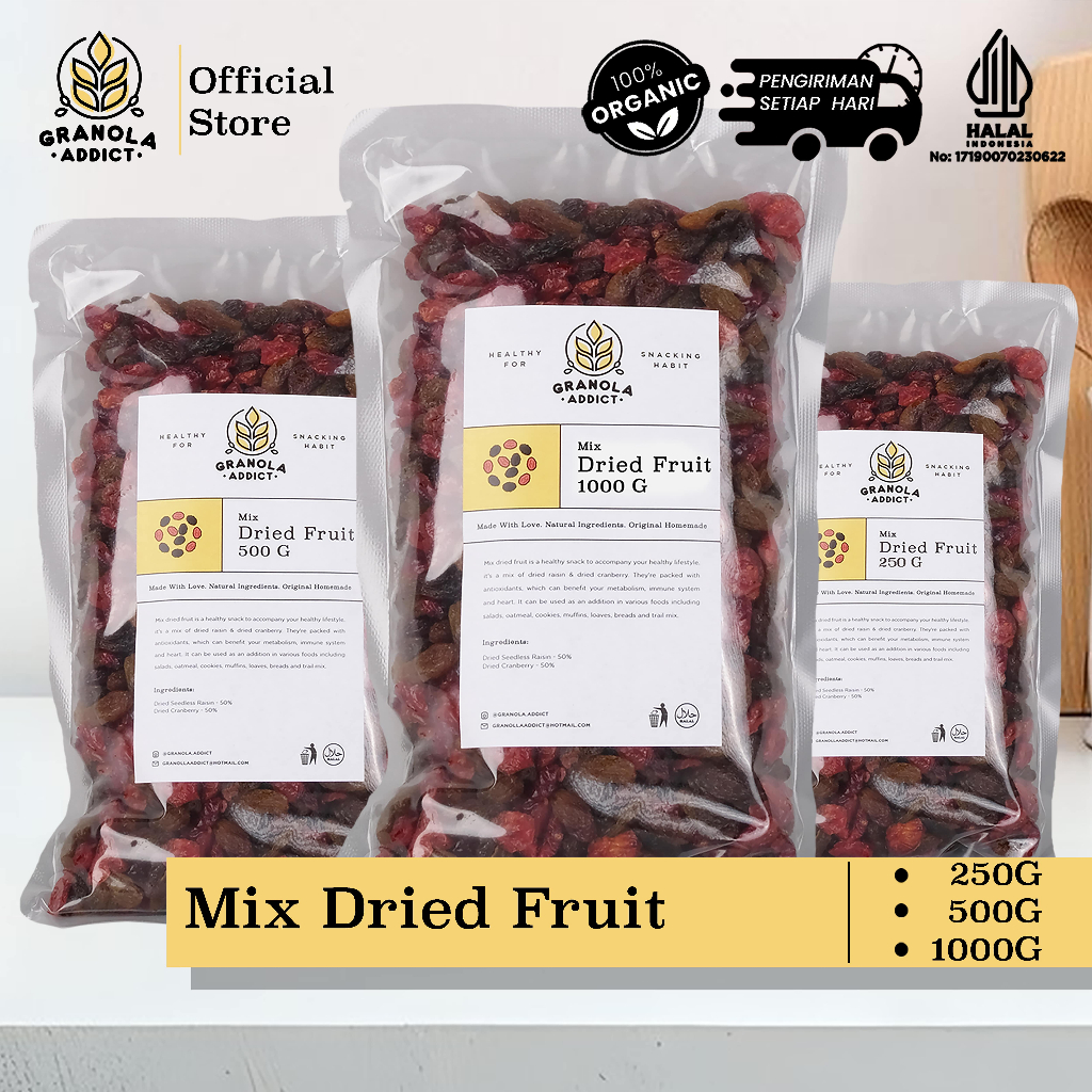 

Granola Addict - Mix Dried Fruit (Raisin, Cranberry) 250G, 500G, 1KG