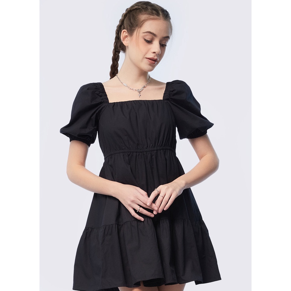 55HARGA BERSAHABAT COLORBOX Puff Sleeves Tier Mini Dress Black