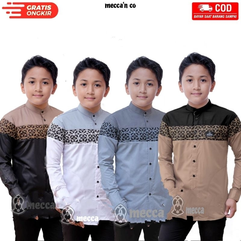 Mecca'nCo Baju Koko Anak Laki Laki Lengan Panjang Baju Koko Kombinasi Batik Baju Koko Putih BisaCOD