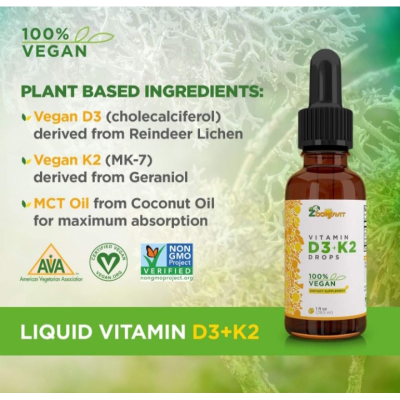 Vegan Liquid Drops Vitamin D3 K2 (MK7) - 100% Vitamin D Cair Berbasis Tanaman yang Diperkaya dengan 