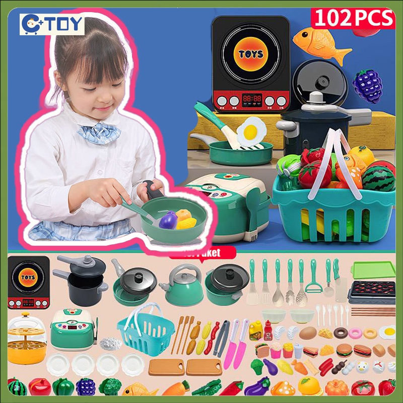 102 Pcs Kids Cooking Set Mainan Memasak Dapur Memotong Buah Sayuran Mainan Masakan Anak Perempua