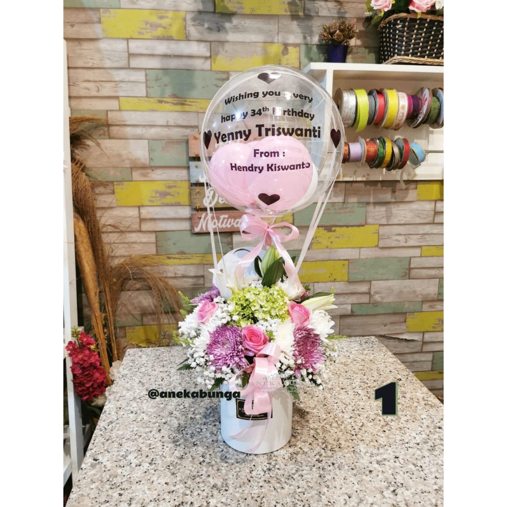 Rangkaian Balon Ucapan Wisuda Bunga Asli Graduation Fresh Flower Balloon pink ungu putih purple kado
