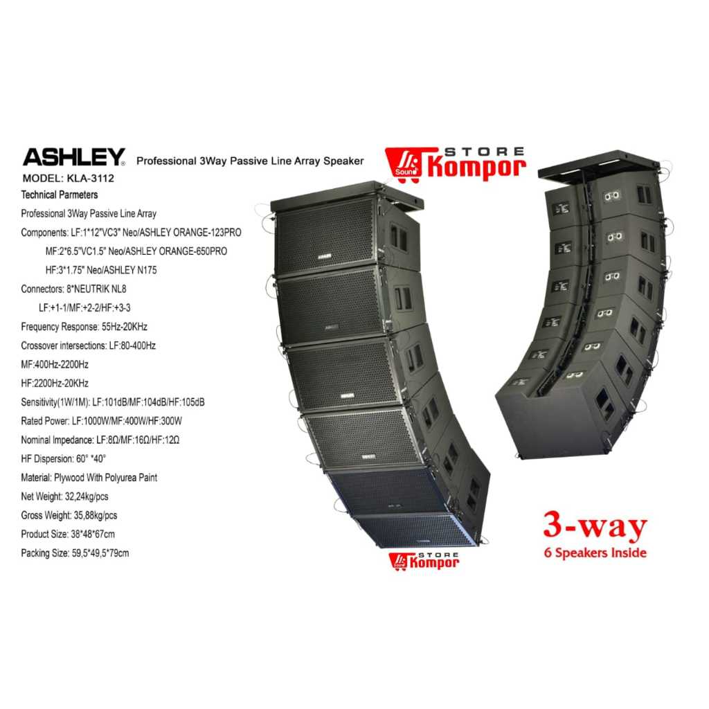 Line Array Speaker Pasif ASHLEY KLA 3112 KLA3112 3 Way Original 6 Speaker in 1 Box