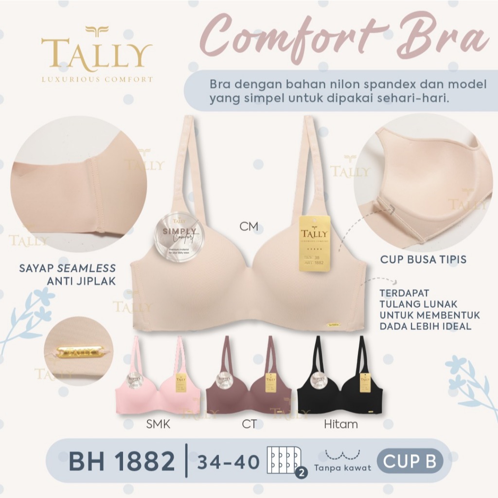 TALLY Bra Wanita Comfort Bra Tanpa Kawat Busa Tipis CUP B Kait 2 BH 1882
