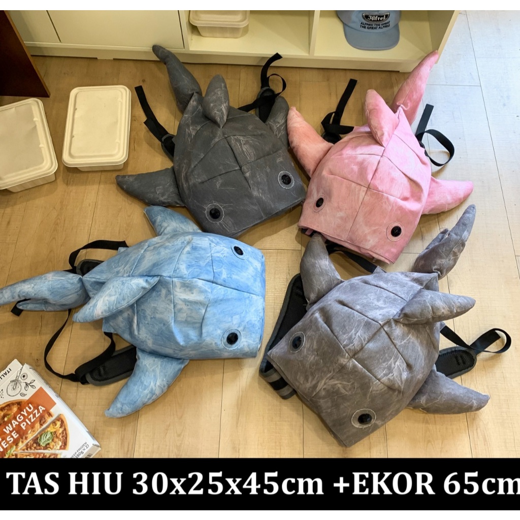 2025 Tas Ikan hiu Hitam Abu Tua pink biru jumbo 65cm premium original import anti air mata kucing 3D