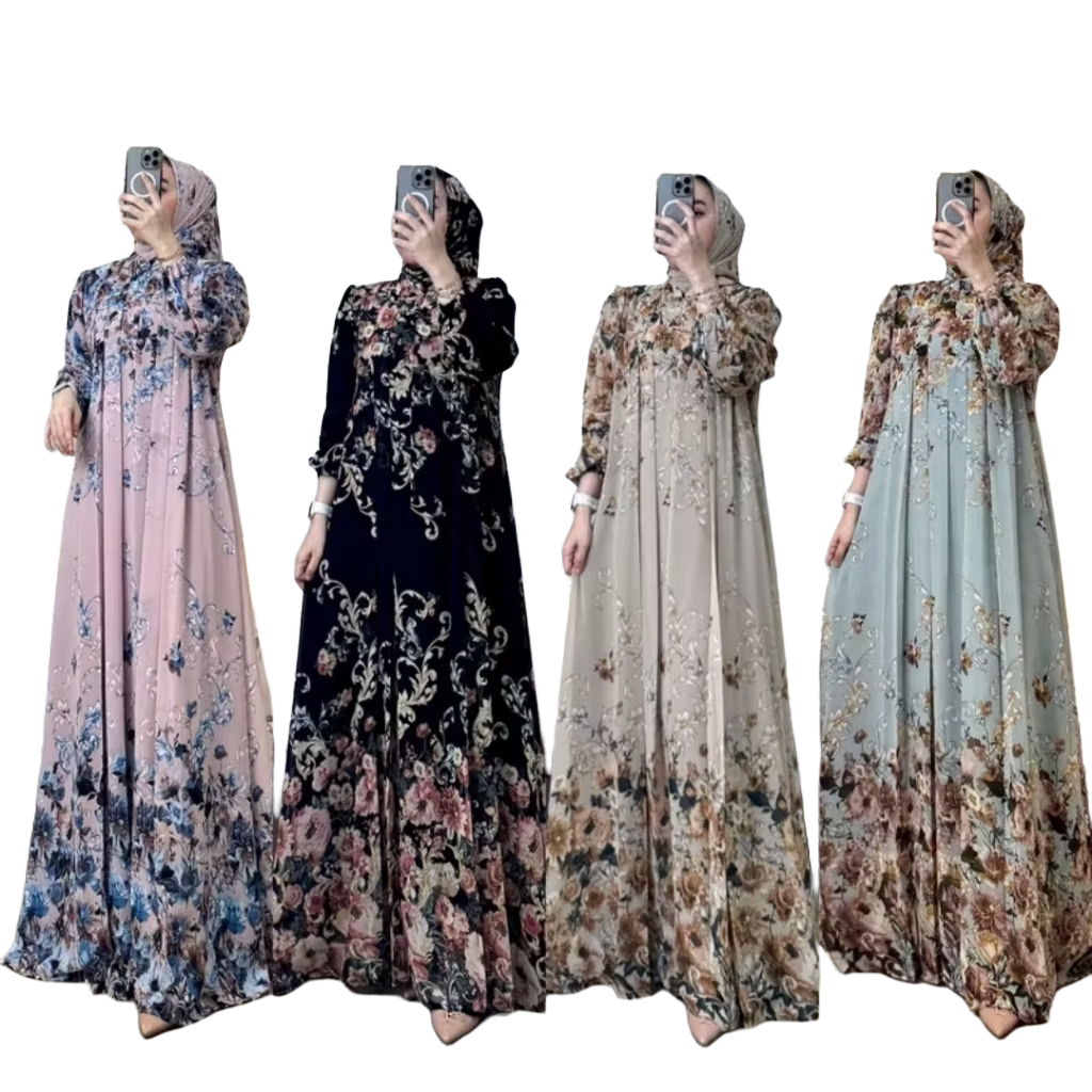 DREANA STORE  - Gamis Set Hijab Eshalia Dress Mewah Muslim Wanita Gamis Ceruti Premium Motif Bunga B