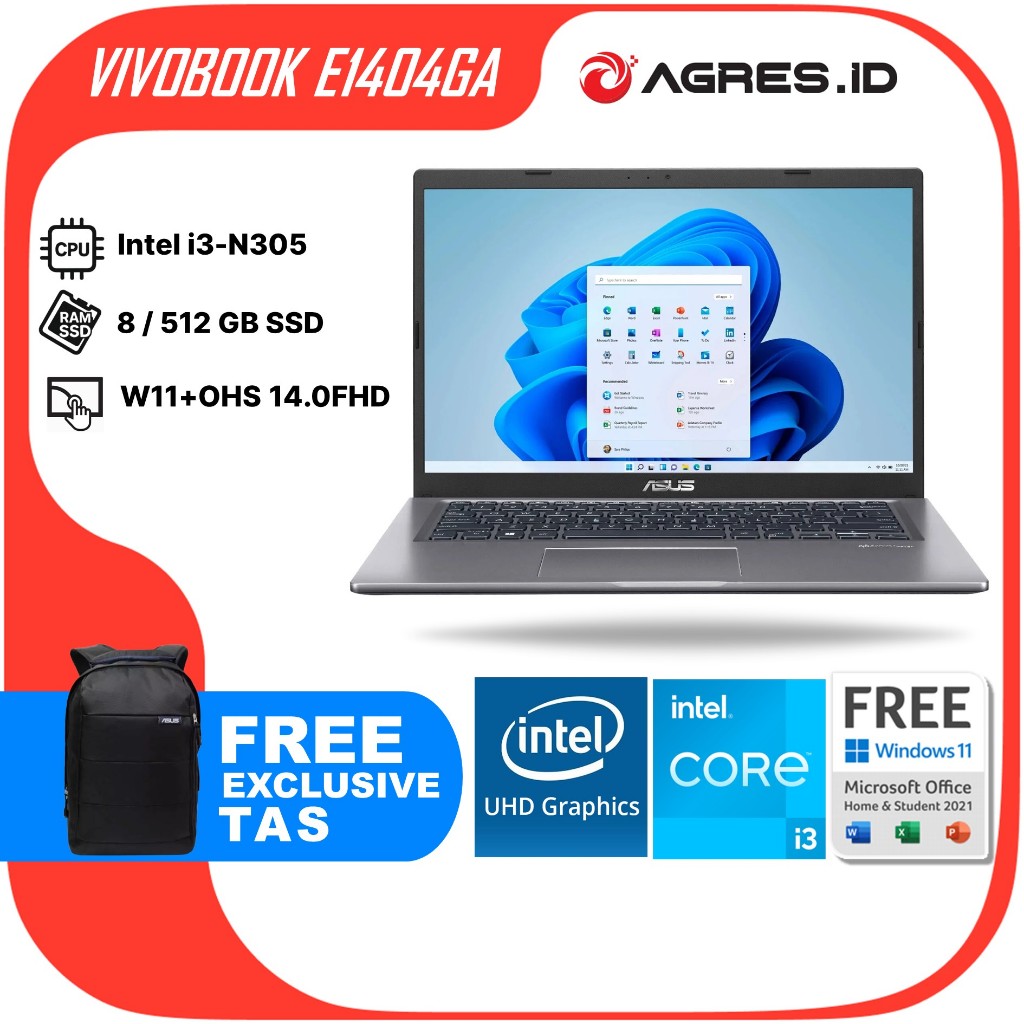 ASUS VIVOBOOK 14 E1404GA I3 N305  8GB 512GB W11+OHS 14.0FHD BLK -FHD351
