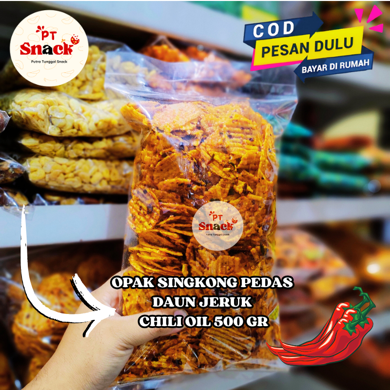 

Opak Singkong Beletrak Pedas Daun Jeruk Chili Oil 500gr Keripik Seblak Singkong Pedes Nampol
