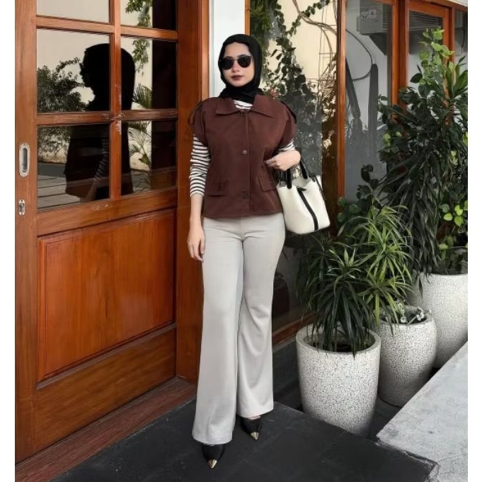 Flare Pants - Celana Cutbray Scuba Highwaist Kulot Wanita Cream Ivory Hitam Premium