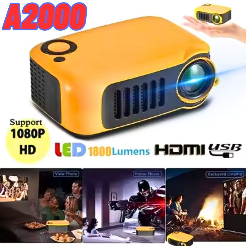 TRANSJEE Proyektor Mini Hp android ke dinding Portable LED Full HD 1000 Lumens 20W 1080p - A2000