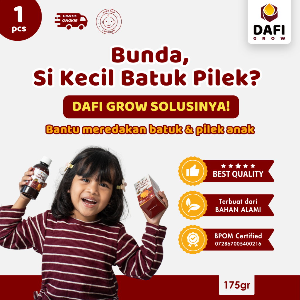 

DAFI GROW - Madu Gemuk Anak Asli Multivitamin Penambah Nafsu Makan & Suplemen Daya Tahan Tubuh, 175 gr, Bahan Alami Produk Original