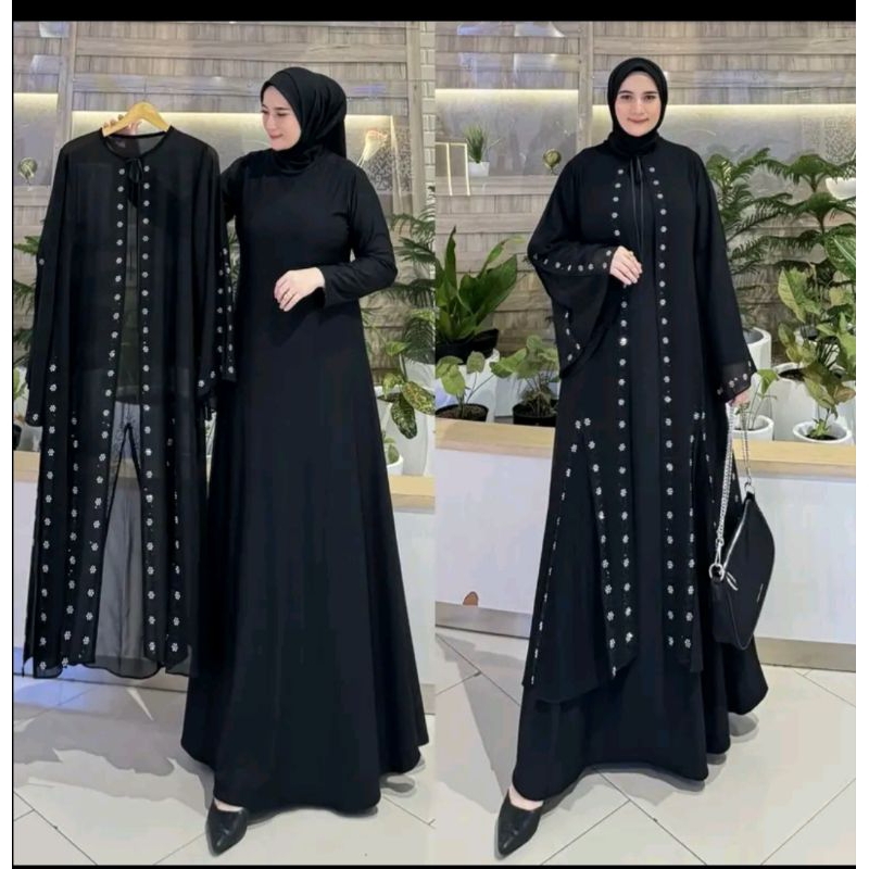 GAMIS ABAYA TURKEY OUTER ROMPI PISAH PAYET BUNGA SILVER