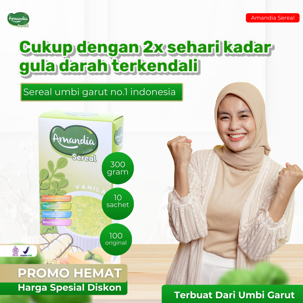 

Amandia sereal cukup dengan 2x sehari gula darah terkendali sudah BPOM dan Halal Indonesia kemasan 300 gram