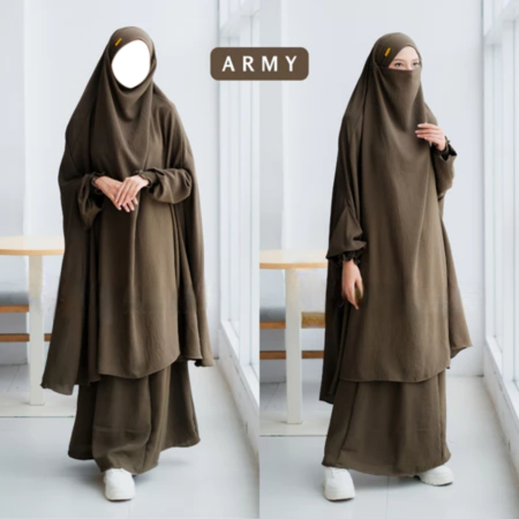 French Set Gamis Khimar Syari Warna Army - Bahan Premium Dingin Lembut Jatuh Anti Kusut UV