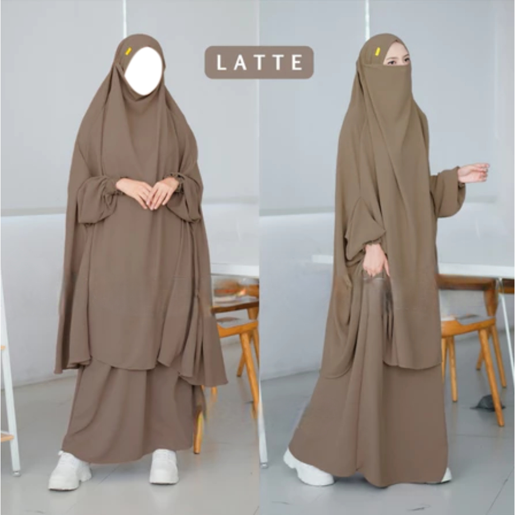 French Set Gamis Khimar Syari Warna Latte – Bahan Adem Lembut Jatuh Anti Kusut & UV Premium