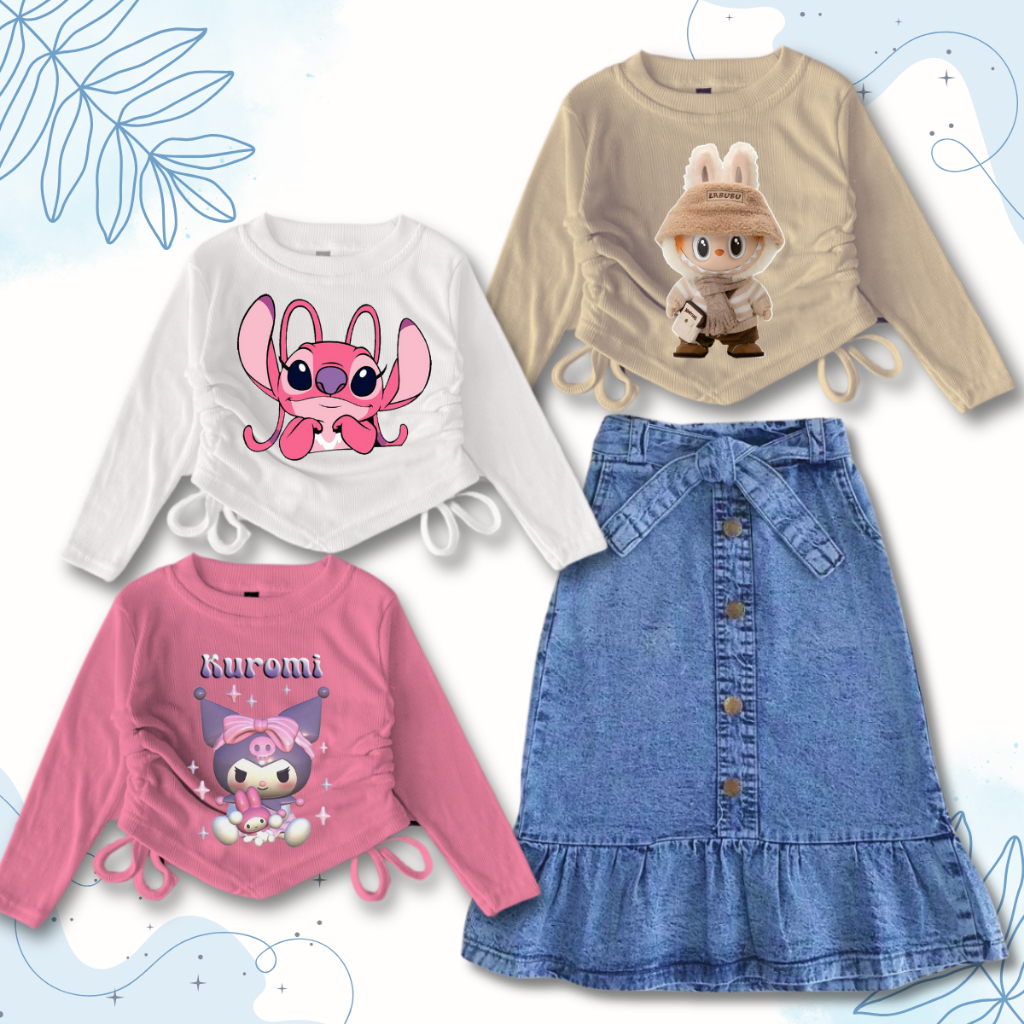 STELAN ROK REMPEL KANCING DAN KAOS KNIT SERUT PANJANG ANAK PEREMPUAN 1-12 TAHUN