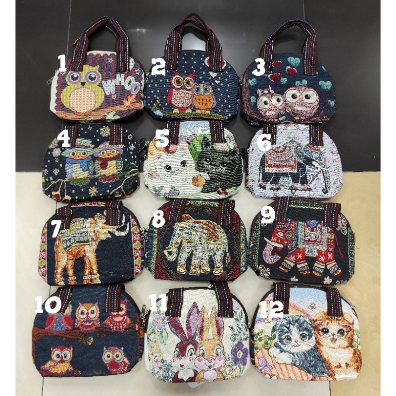 TAS KANVAS MOTIF GAJAH / MOTIF OWL / MOTIF KUCING SETENGAH LINGKARAN TALI PANJANG IMPORT