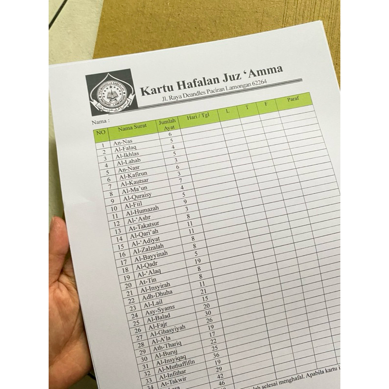 Kartu Hafalan Juz 30