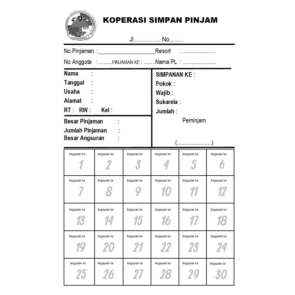 

{ 100PCS } SATU SISI KARTU ANGSURAN KOPERASI KOTAK 10,5 X 16,5 CM