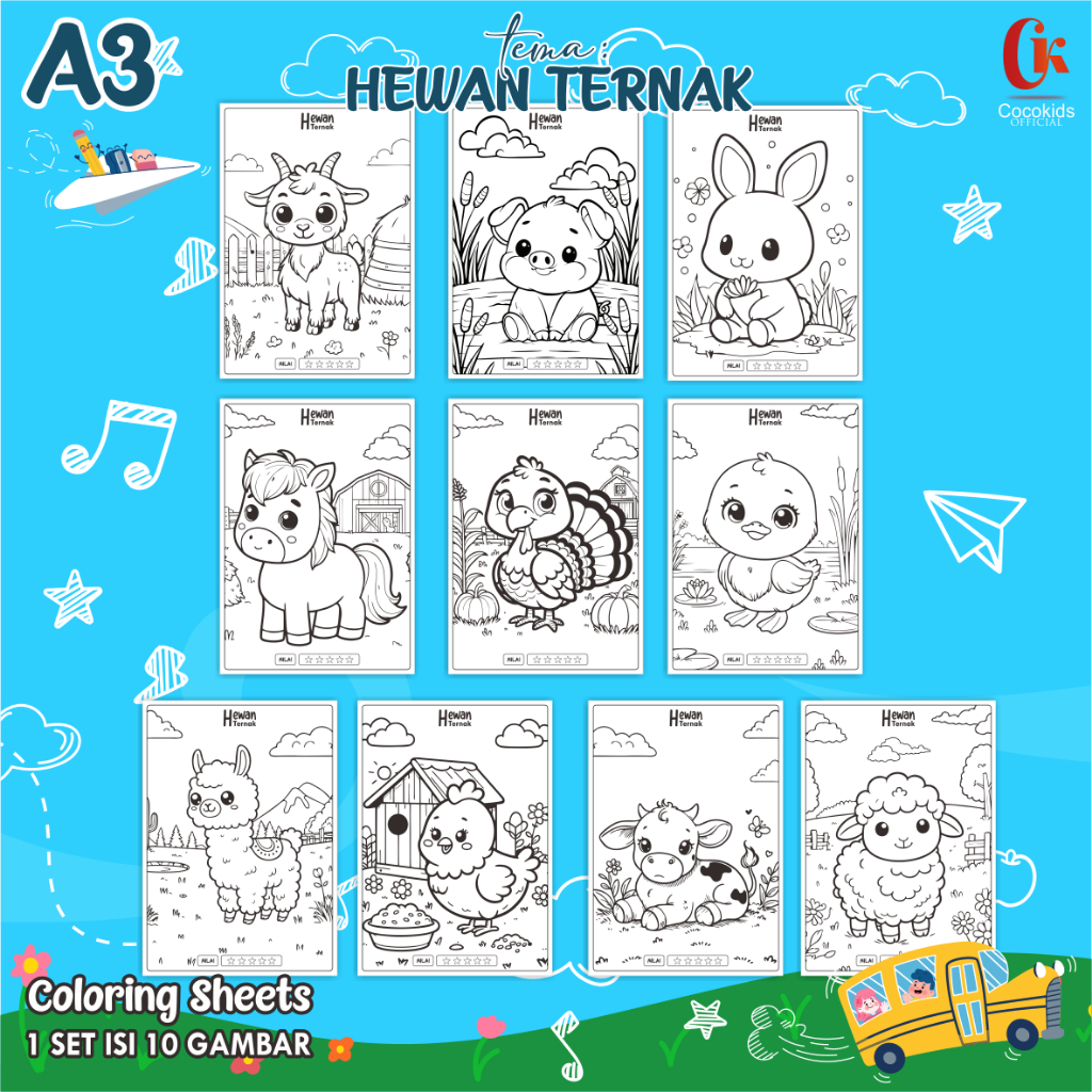 

(HEWAN TERNAK 01) KERTAS MEWARNAI ANAK A3 - COLORING SHEETS SERIES 1 - LEMBAR MEWARNAI ANAK PAUD/TK/SD