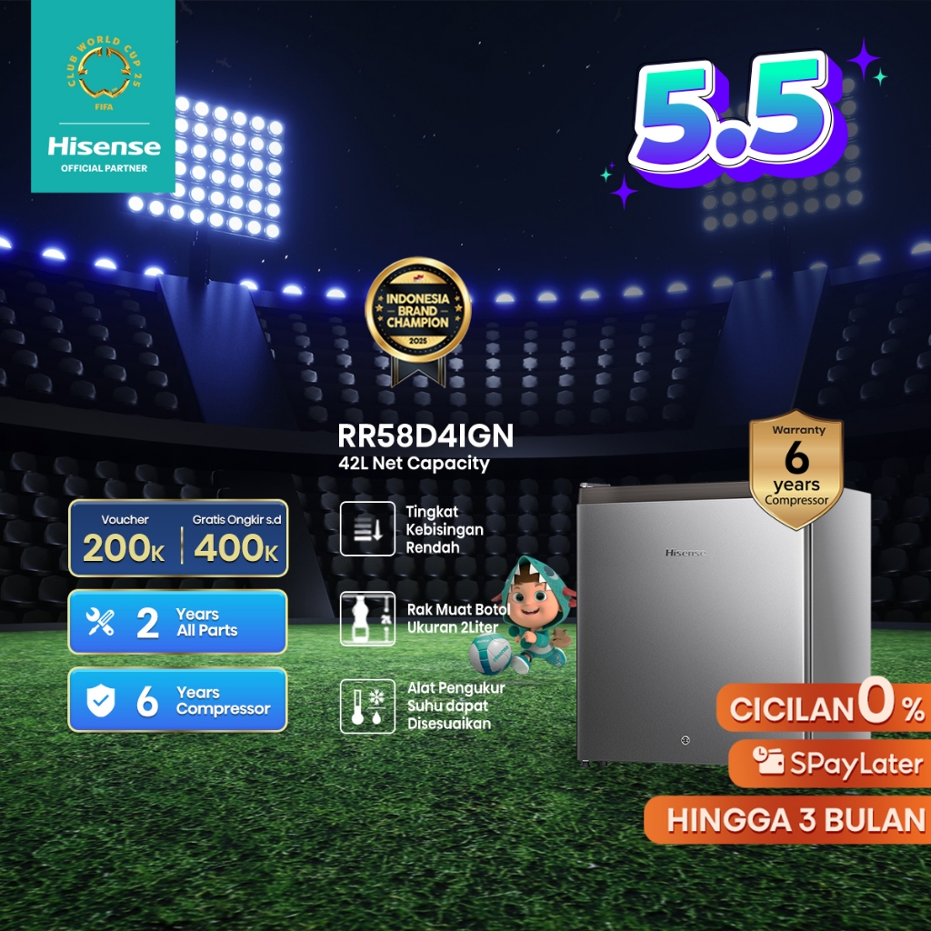 Hisense Kulkas Mini Bar (Refrigerator) Lemari Es Portable Kapasitas 42L RR58D4IGN - Silver【Reversibl